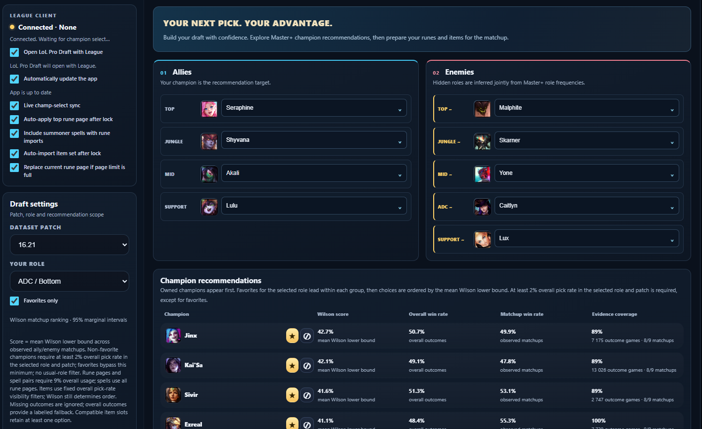 Interfaz de LoL Pro Draft: selecciones aliadas y enemigas, rol ADC y recomendaciones de campeones.